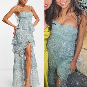ASOS Trendyol tiered lace maxi dress in sage green